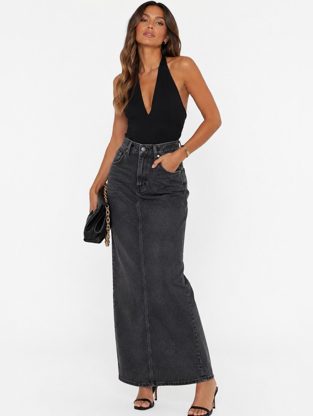 GRLFRND Amara Black Wash Denim Maxi Pencil Skirt Size 28 High Rise